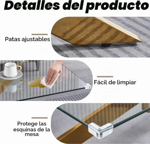 Vista 4 de Mesa de centro de cristal de 47 pulgadas, moderna tapa rectangular de vidrio templado con patas de metal con cruz dorada, mesa central de espacio