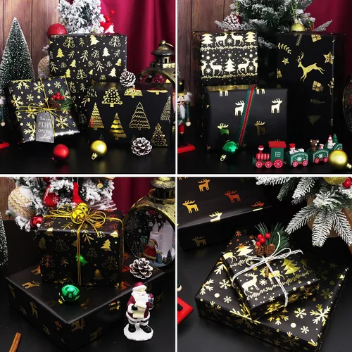 Vista 7 de MAMUNU - Papel de regalo de Navidad, 6 hojas de papel de regalo de lámina metálica negro y dorado, papel de regalo con diseño de copo de nieve