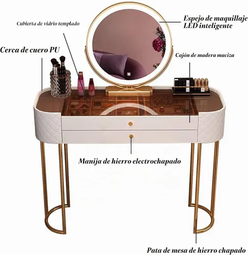 Vista 6 de Escritorio de tocador con espejo de luces regulables, mesa de tocador de maquillaje con 2 cajones y mesa de cristal, juego de mesa de tocador