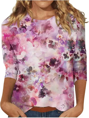 Vista 90 de Camisetas personalizadas para mujer, a la moda, casual, de séptima manga, estampada, cuello redondo, camiseta