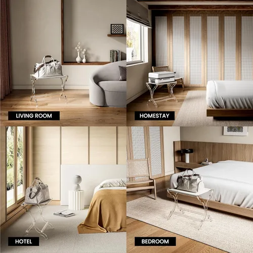 Vista 7 de Byingo Portaequipajes acrílico, elegante soporte plegable para maleta con estante de tela PET para habitación de invitados, dormitorio, hotel