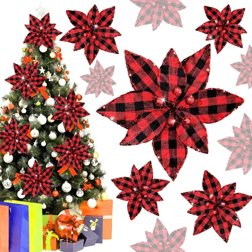 Vista 3 de Syhood 12 piezas de flores de Pascua de búfalo a cuadros adornos para árbol de Navidad, flores artificiales de Navidad con polvo de purpurina