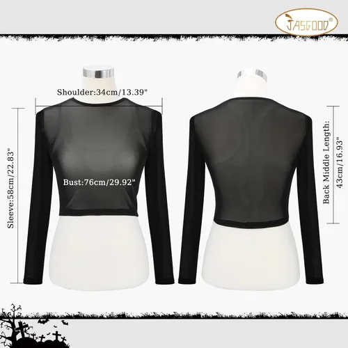 Vista 8 de JASGOOD Camiseta corta de malla para mujer, de manga larga, transparente, blusa transparente