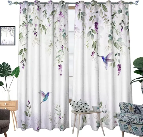 Vista 3 de Cortinas abstractas de eucalipto y colibrí, cortinas opacas con aislamiento térmico y ojales para dormitorio, 2 paneles de 45 pulgadas de largo x 21