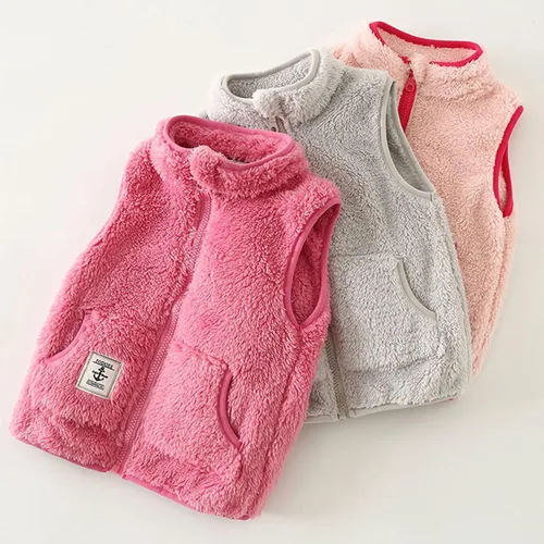Vista 3 de Boys Girls Sleeveless Jacket Polar Soft Sherpa Fleece Vest Outerwear Zip up Pockets