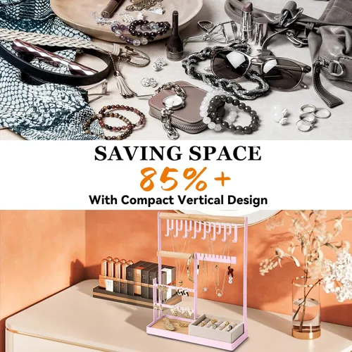 Vista 2 de Organizador de joyas con soporte de terciopelo para anillos, organizador de joyas de 4 niveles con 15 ganchos, organizador de collares y soporte