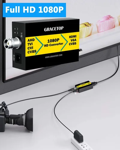 Vista 4 de GRACETOP Adaptador convertidor TVI/CVI/AHD a HDMI, Full HD 4K 720P/1080P/3MP/4MP RCA a HDMI Convertidor de video para monitor HDTV DVR, 4 en 1
