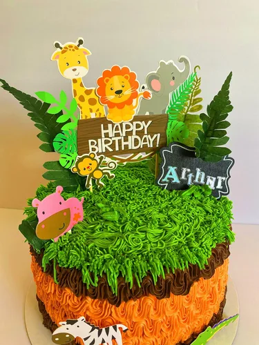 Vista 4 de LaVenty 28 piezas de decoración de pastel de cumpleaños de animales de la selva, temática de selva, temática de selva, decoración de pastel