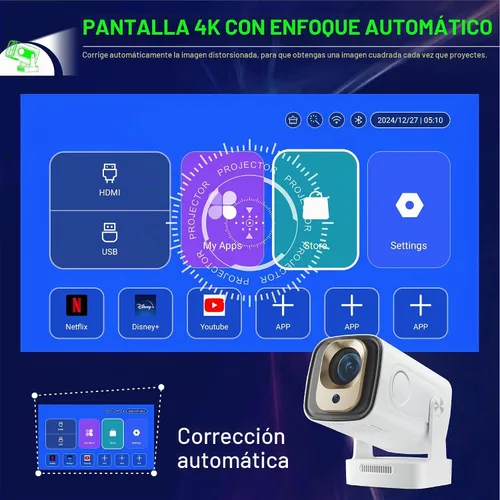 Vista 3 de Proyector portátil de enfoque automático, mini proyector con WiFi y Bluetooth nativo 1080P compatible con resolución 4K con BT5.4 WIFI6 300 ANSI