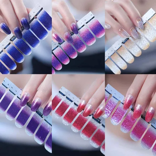 Vista 5 de 14 Hojas de Pegatinas para Uñas con Brillo Degradado de Color, Envolturas Completas de Esmalte con Brillo, Tiras Adhesivas de Arte de Uñas