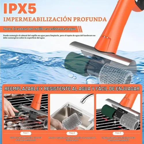 Vista 5 de Hillyfe Cepillo de parrilla para exteriores, cepillo de parrilla recargable inalámbrico con 3 cabezales de cepillo, cepillos de limpieza eléctricos