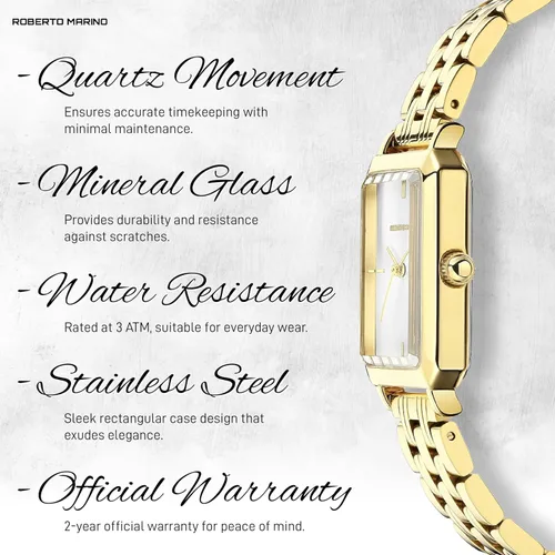 Vista 6 de Roberto Marino RM1982 Reloj de Lujo para Mujer Rectangular en Oro Movimiento de Cuarzo Japonés, Diseño Vintage de Acero Inoxidable, Esfera