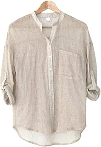 Vista 4 de Women's Roll-Up Cuffed HalfLong Sleeve Linen Shirts Blouse Solid Summer Cotton Tops Button Down V-Neck Blouse T Shirt