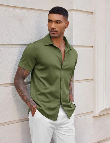 Vista 3 de COOFANDY - Camisas sin arrugas para hombre, casual, manga corta, con botones, de verano, elástica, de vestir