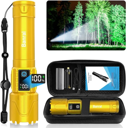 Vista 9 de Linternas recargables Banral de alto lúmen - súper brillante linterna táctica LED, potente linterna impermeable de mano USB C para camping Dorado