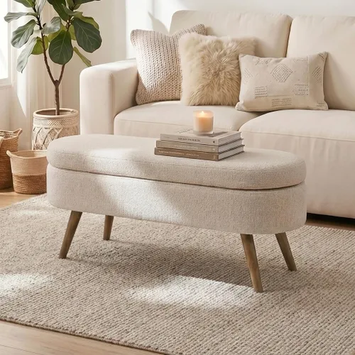 Vista 9 de 43.5” Storage Ottoman Bench，Upholstered Oval End of Bed Bench for Bedroom Beige