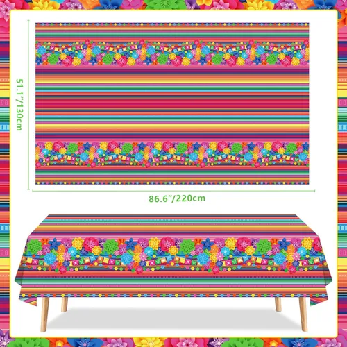 Vista 3 de Mantel de plástico para fiesta mexicana, 4 unidades, diseño de flores de papel a rayas mexicanas, decoración rectangular para fiesta de taco