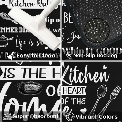 Vista 5 de Juego de 2 tapetes de cocina negros antideslizantes y lavables, juego de 2 tapetes decorativos antifatiga para áreas de cocina y comedor, decoración