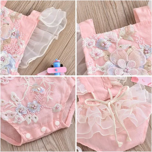 Vista 51 de IDOPIP Conjunto de ropa de 1er cumpleaños para niñas con estampado floral, estilo bohemio, con encaje, tutú y diadema de princesa