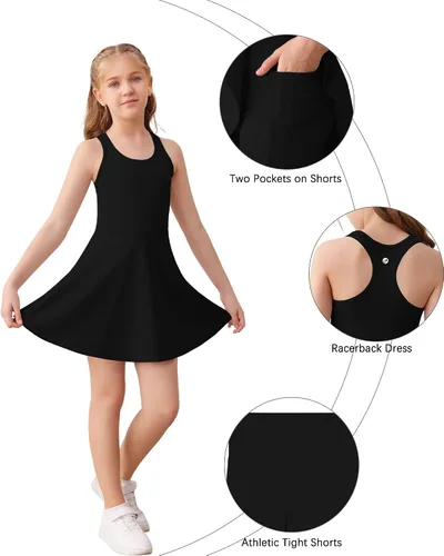 Vista 5 de Haloumoning Vestido de tenis sin mangas para niñas, vestido atlético de Negro