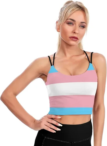 Vista 5 de Camiseta deportiva sin mangas para mujer, diseño de bandera del orgullo transgénero, LGBT, brasier deportivo para entrenamiento, yoga, camiseta