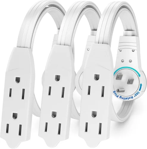 Vista 11 de Maximm Cable de extensión de enchufe plano giratorio de 360° de 1 pie, cable de extensión de 3 tomas de corriente múltiple de 16 AWG, cable