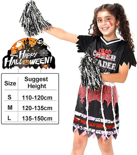 Vista 4 de AGCary Disfraz de líder muerto de Halloween para niñas disfraz de zombi de animadora de líder del miedo para fiesta de Halloween pompones y cosplay