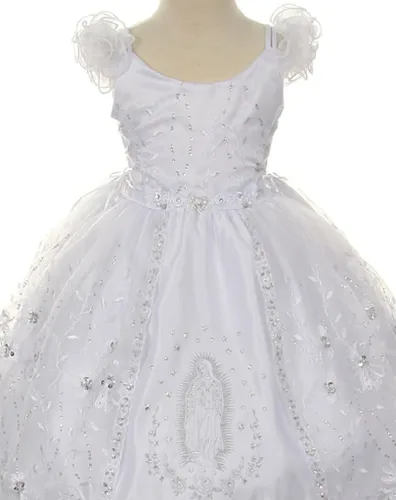 Vista 4 de BluNight Collection Vestido de bautizo de bebé con hombros descubiertos y bordado de Virgen María
