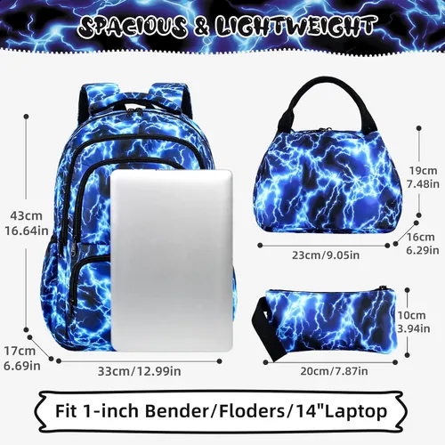 Vista 3 de Mochila para niños y niñas, juego de mochila para niños, bolsa ligera con lonchera y bolsa para lápices para primaria primaria Relámpagos.