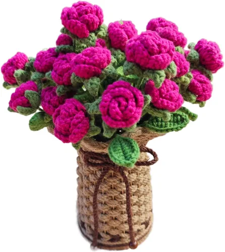 Vista 11 de THREEBOY Ramo de flores artificiales de ganchillo de rosas rojas con florero de punto para el Día de la Madre, San Valentín, decoración