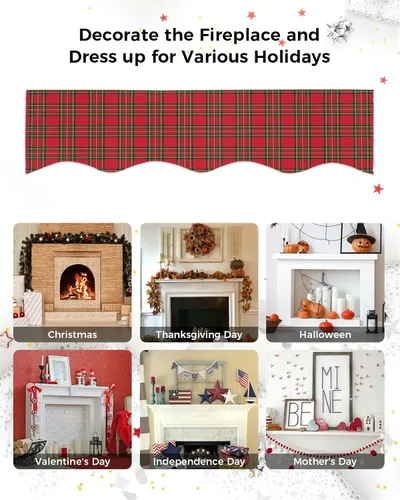 Vista 6 de Bufanda de Navidad a cuadros para chimenea, cubierta de bufanda para chimenea, estante superior, bufanda de corredor, rojo y verde, para invierno
