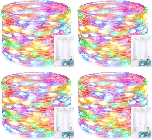 Vista 10 de JMEXSUSS 4 unidades de luces de hadas LED de 50 luces en púrpura y verde, luces de cadena de hadas operadas con batería, luces de 16 pies