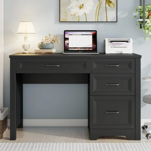 Vista 8 de Halitaa Escritorio ejecutivo de granja con cajones, escritorio de madera para computadora con amplio cajón de archivos, escritorio rústico
