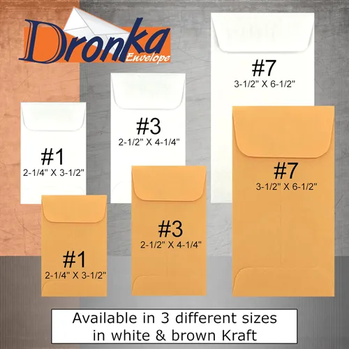 Vista 4 de 500 Dronka sobres, #7 monedas/efectivo sobre piezas pequeñas, 3-1/2 pulgadas x 6-1/2 pulgadas, resistente papel kraft de 24 libras, solapa de goma