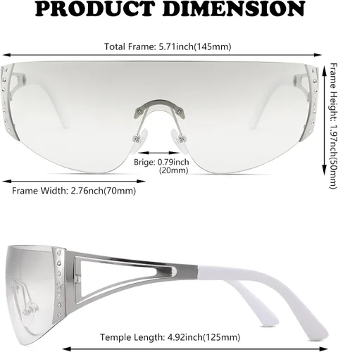 Vista 4 de NULOOQ Gafas de sol envolventes Y2K para mujeres y hombres, gafas de sol futuristas sexys sin marco, escudo de estrellas planas
