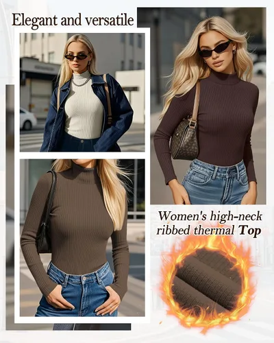 Vista 3 de Oakgarden Paquete de 4 camisetas térmicas de cuello alto para mujer, de manga larga, acanaladas, de algodón, ajustadas, capa base, ropa