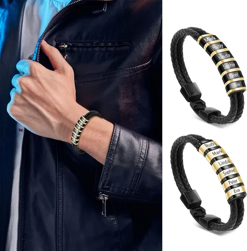 Vista 12 de Pulseras de cuero personalizadas para hombre con 1-6 nombres, pulsera trenzada personalizada con cuentas para papá, marido, día del padre, San