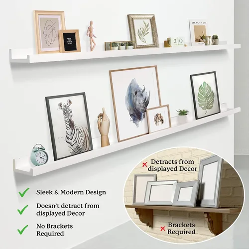 Vista 5 de Kraftex Estante de repisa para pared [blanco, 60 pulgadas, paquete de 2] Estantes flotantes estrechos para fotos e imágenes. Estante de exhibición