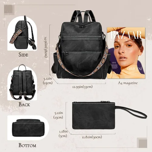Vista 2 de Mochila para mujer, mochila impermeable de piel sintética, ligera, a la moda, multiusos, convertible, mochila de viaje, bolso de hombro, color negro