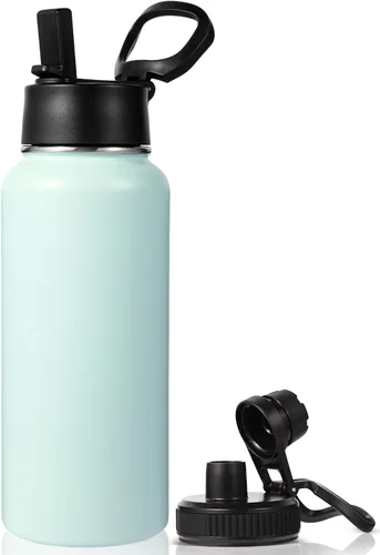 Vista 15 de Neihepal Botella de agua aislada de 32 onzas con 2 tapas (tapa con pajilla y boquilla), botellas de agua de doble pared de acero inoxidable 18/8