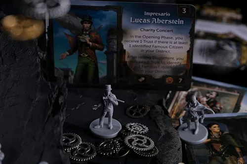 Vista 6 de City of The Great Machine. Expansión del juego de mesa de héroes de pie 1-4 jugadores Edades 14 en adelante Steampunk Uno contra muchos