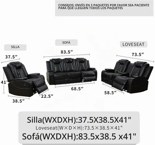 Vista 2 de Juego de sofás reclinables eléctricos, juegos de muebles de sala de estar, sofá reclinable eléctrico moderno negro, sofá biplaza y silla