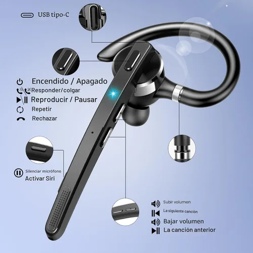 Vista 8 de Auriculares Bluetooth 2026, auriculares inalámbricos Bluetooth 5.3, auriculares de una sola oreja de 90 horas con audio APTX HD y botón de silencio