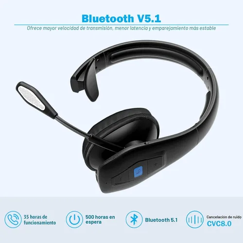 Vista 4 de Conambo Auriculares Bluetooth con cancelación de ruido V5.1, 35 horas de tiempo de conversación HD, CVC8.0, micrófono dual manos libres, auriculares
