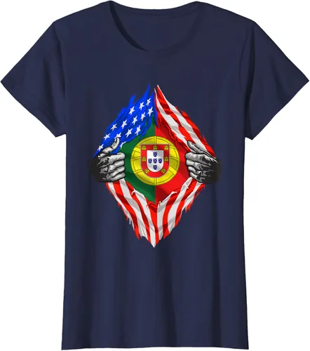 Vista 33 de Camiseta de bandera de Estados Unidos con diseño de raíces portuguesas, Negro, S