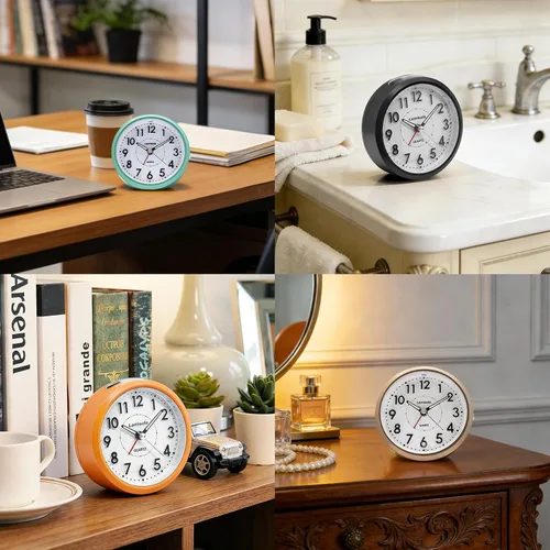 Vista 3 de Lamisola Reloj de escritorio pequeño, funciona con pilas, reloj despertador analógico compacto para dormitorio, oficina en casa, baño, cocina
