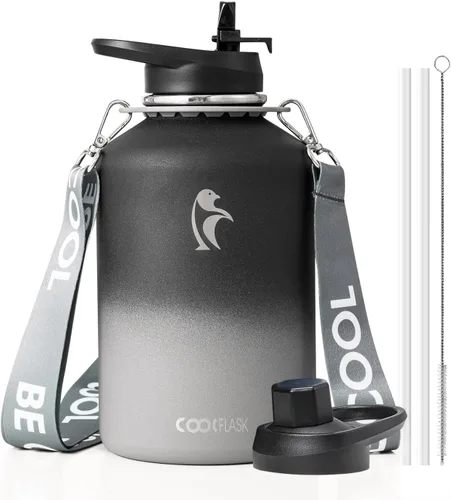 Vista 11 de Botella de agua Coolflask de 40 onzas con correa, botella de agua metálica aislada con popote y tapas con pico, acero inoxidable de doble pared al