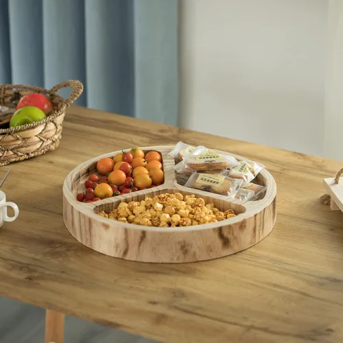 Vista 6 de Plato de madera con 3 seccionales, bandeja dividida para servir con acabado negro quemado, tabla de charcutería Lazy Susan para mesa de comedor