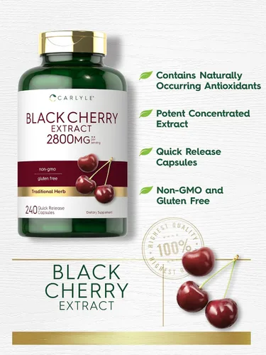 Vista 3 de Carlyle Concentrado de extracto de cereza negra 240 cápsulas Fórmula sin OMG y sin gluten Suplemento de serotina Prunus