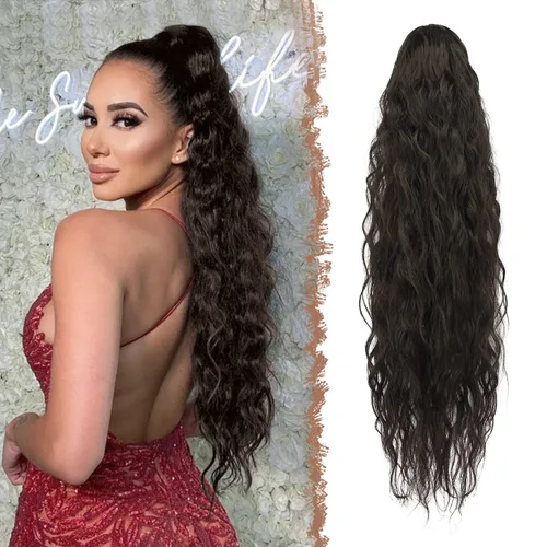 Vista 8 de FESHFEN Extensiones de cola de caballo – 26 pulgadas cordón largo rizado ondulado clip en colas de caballo pelo sintético extensiones de cola